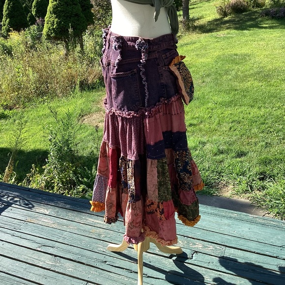 Upcycled Boho Tiered Jean Top Ruffled Hem Raw Edge Patchwork Midi Skirt Med to L - Picture 12 of 15